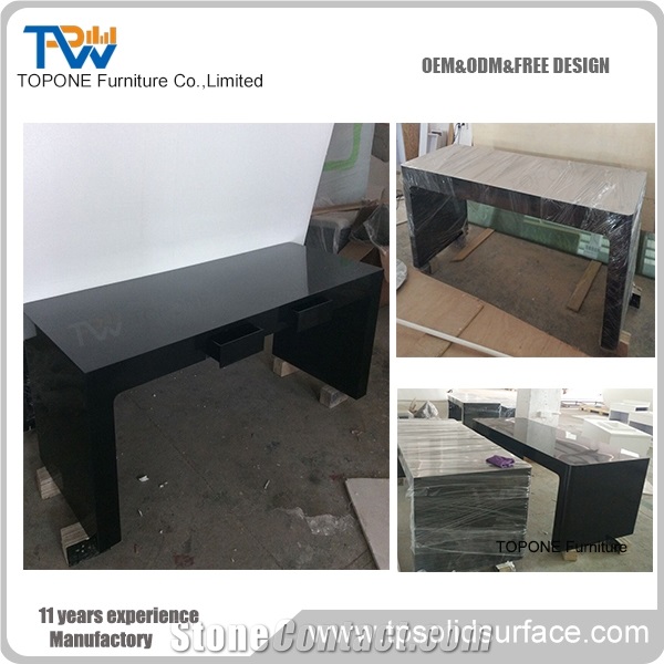 Black Color U Shape Artificial Marble Stone Office Executive Table with Black High Gloss Acrylic Solid Surface Table Tops for Sale