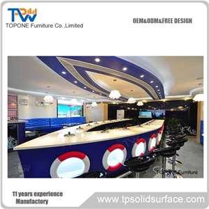 Blue Color Artificial Marble Stone Boat Style Bar Counter for Sale with Acrylic Solid Surface Bar Table Tops Design
