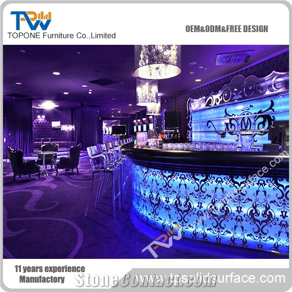 Blue Led Ligth Acrylic Solid Surface Restaurant Bar Counter with Artificial Marble Stone Bar Table Tops for Sale