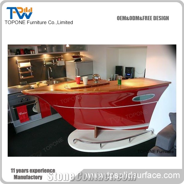 Boat Shaped Red Color Wooden Bar Counter Tops with Special Design