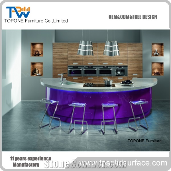 Half Round Artificial Marble Stone Purple Color Night Club Bar Counter Design with Acrylic Solid Surface Bar Table Tops Design
