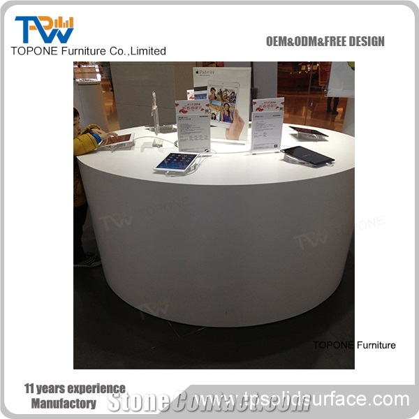 White Artificial Marble Stone Acrylic Solid Surafce Round Table Tops Reception Desk Display Case