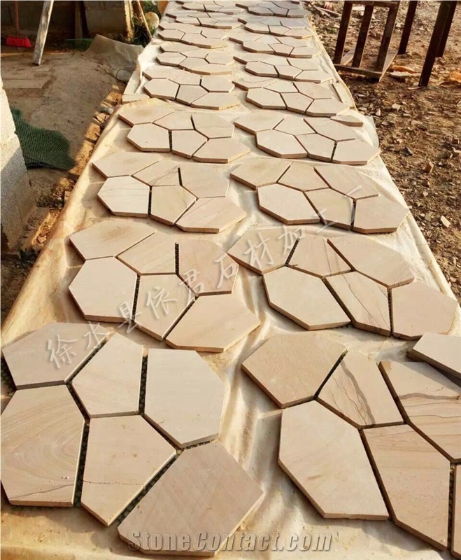 Sandstone Flagstone for Indoor and Outdoor, Irregular Stone Flagstone, Machine Cut Surface, Hebei Stone Factory