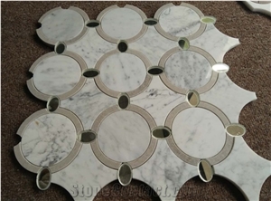 Natural Stone Marble Water Jet Mosaic Tile White Marble Mix Mirror Round Pattern Tiles