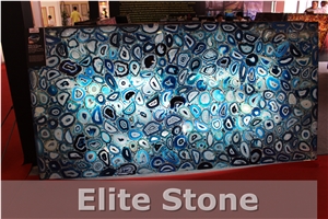 Semi Precious Stone Transparent Backlit Blue Agate Slabs Countertop
