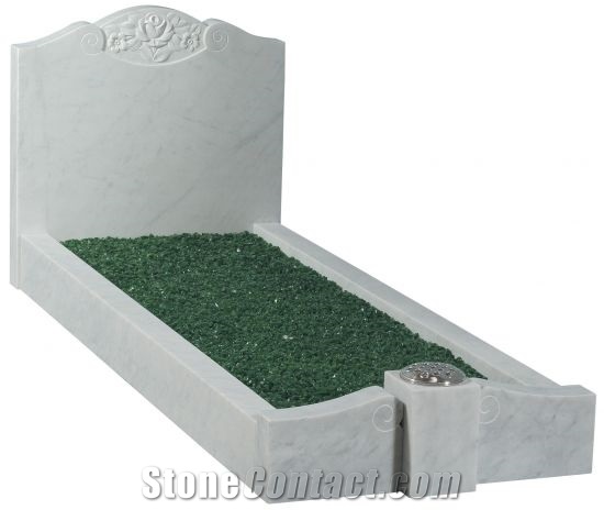 White Marble Full Memorial with Carved Rose Design and Raised Foot Kerb with Single Vase Post