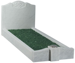 White Marble Full Memorial with Carved Rose Design and Raised Foot Kerb with Single Vase Post