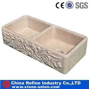Beige Polished Marble Stone Sinks , Hot Sale Customized Basins with Relief , Interior Popular Sinks