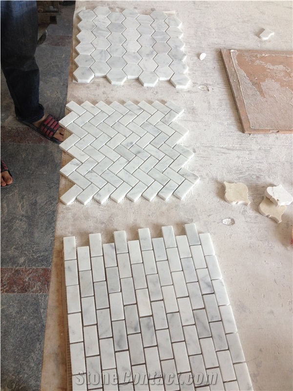 Carara White Marble Mosaics,Flower Shape Marble Mosaic,Wall Covering,Wall Panels,Mosaics for Wall Covering,Honed/Polished Surface Mosaic,Floor Mosaic,Mosaic Pattern,White Marble Mosaic
