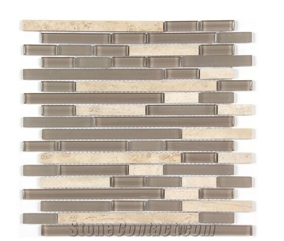 Brown Glass Mix Beige Marble Mosaic Tile Linear Strip Mosaic Tile for Project