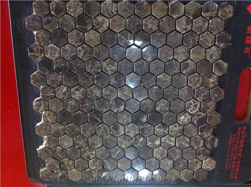 Brown Marble Polished Mosaic Tile Dark Emperdador Hexagon 1" Chipped Mosaic Tile for Floor