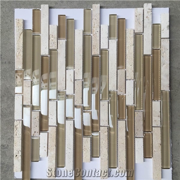 Marble Wooden Grey Mix Brown Glass Mosaic for Wall Strip Tile