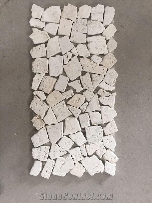 Tumbled Pebble Mosaic Tile White Travertine Tumbled Chipped Mosaic for Project