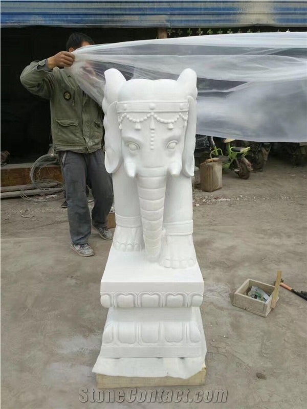 White Marble Elephant Garden Sculpture,Handcarving Outdoor Animal Statues