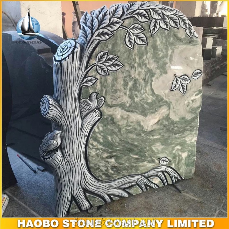 Green Marble Tree Carving Headstone