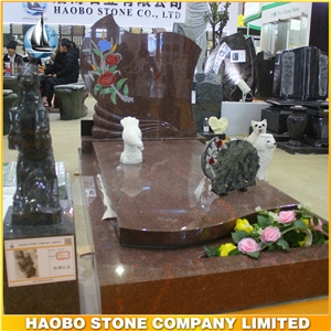 Haobo Stone Crystal Red Granite Funeral Monuments with Glass Flowers Inlay