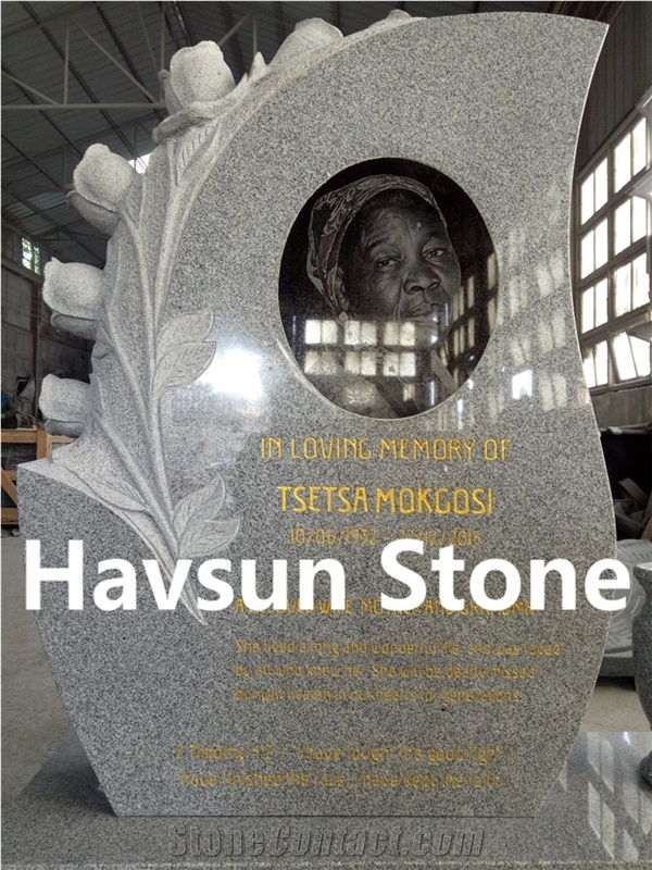 Rose Headstone for Botswana, Grey Headstone with Woman Head, African Headstone