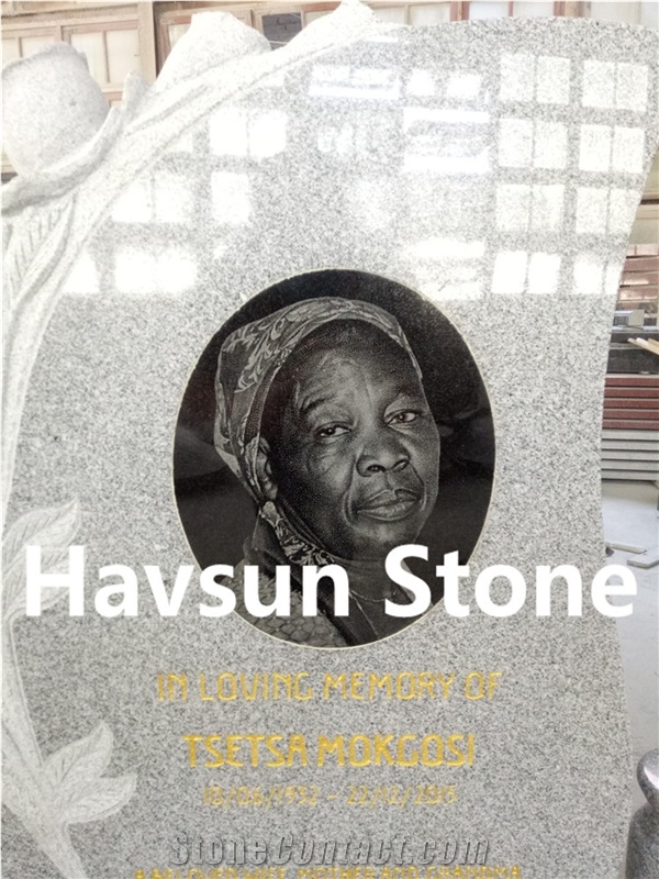 Rose Headstone for Botswana, Grey Headstone with Woman Head, African Headstone