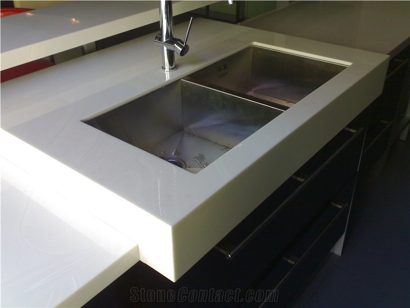 Polished Pure White Quartz Stone Kitchen Top with Ss Sinks