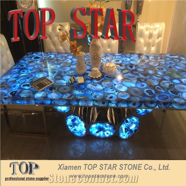 Translucent Blue Gemstone Stone Stand Desk Backlit Semiprecious Stone