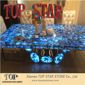 Translucent Blue Gemstone Stone Stand Desk Backlit Semiprecious Stone