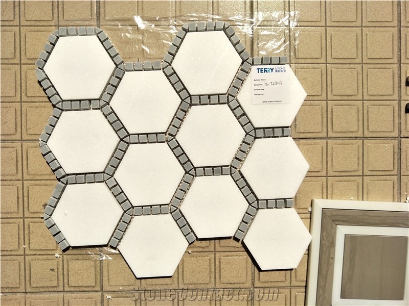 Hexagon Marble Mosaic Tile White Mixed Grey Marble Mosaic Tile, Polished Surface, Garden & Balcony Marble Mosaic, Kitchen Marble Mosaic, Elevator Mosaic