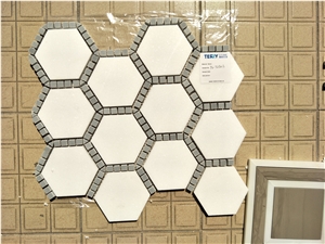 Hexagon Marble Mosaic Tile White Mixed Grey Marble Mosaic Tile, Polished Surface, Garden & Balcony Marble Mosaic, Kitchen Marble Mosaic, Elevator Mosaic
