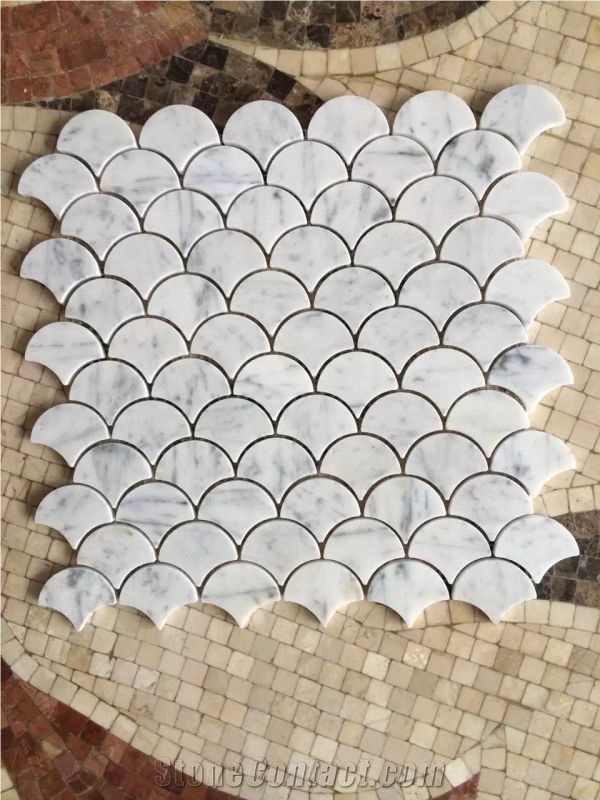 Marble Mosaic Wall Tile Carrara White Marble Mosaics,Fish Scales Shape Marble Mosaic,Wall Covering,Wall Panels,Mosaics for Wall Covering,Honed/Polished Surface Mosaic,Floor Mosaic