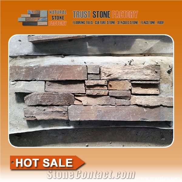 Cultured Stone,Brown Quartzite Stacking Stone Veneer Panels Wall Cladding,Ledge Stone Facade