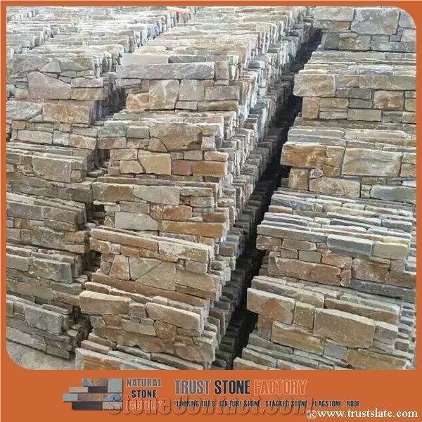 Golden Yellow Desert Quartzite Stacked Stone,Waterfall Wall Cladding,Cultured Stones Ledges Stone Veneer for Fireplace Wall Decoration