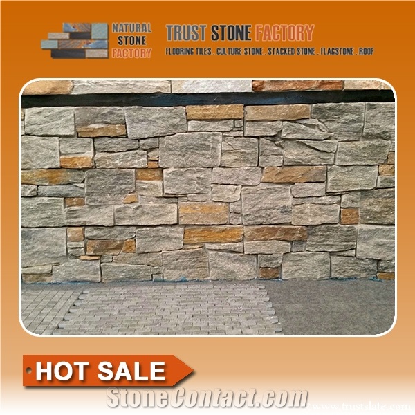 Quartzite Stone Wall Rough Wall,Yellow Quartzite Stone Wall Panels,Natural Stone Wall from China