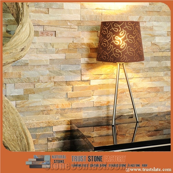 Veneer Stone,Yellow Beige Golden Quartzite Ledge Stone,Stacked Stone,Cultured Stone,Wall Covering,Fireplace Decorative