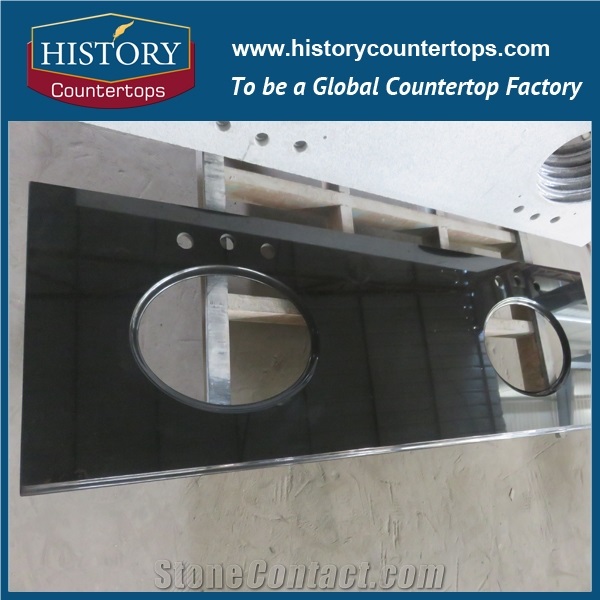 Absolutely Black Granite Bathroom Tops with Single or Double Sinks, Solid Surface Vanity Tops with Lamnated Edge for Hospitality and Multifamily Projects