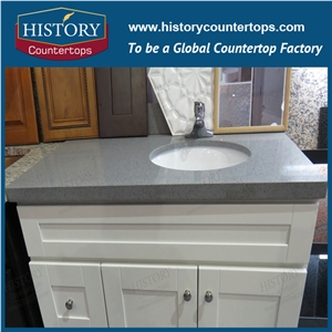 China Motar Grey Quartz Stone Bathroom Tops with Single and Double Sinks, Engineered Vanity Tops Polished Surface with Custom Edges Double Vanity Top