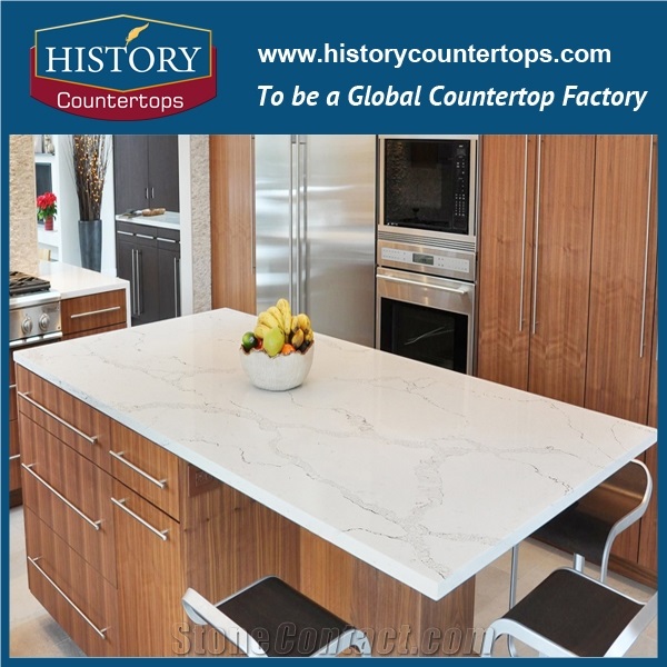 China White Calacatta Quartz Kitchen Island Tops Worktops with Flat Edge, Engineered Artificial Stone Countertops Polished Surface for Nulti-Family Projects