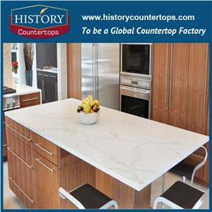 China White Calacatta Quartz Kitchen Island Tops Worktops with Flat Edge, Engineered Artificial Stone Countertops Polished Surface for Nulti-Family Projects