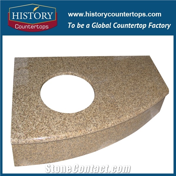 China Yellow Granite Vanity Tops with Single or Double Sinks for Sales, Bathroom Solid Surface Tops with Custom Edges for Hospitality and Multi-Family Projects