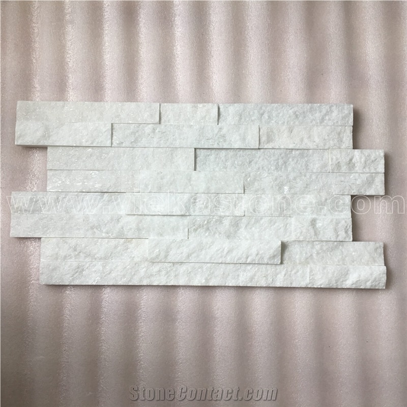 China Snow White Quartzite Stacked Stone Veneer Feature Wall Cladding Panel Ledge Stone Split Face Tile Landscaping Building Interior & Exterior Decor Natural Culture Stone 55x15cm Z-Shape
