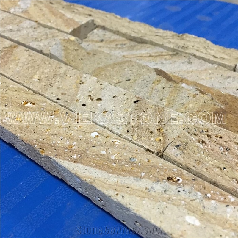 China Yellow Sandstone Fireplace Stacked Stone Veneer Feature Wall Cladding Panel Ledge Stone Rock Natural Split Face Mosaic Tile Landscaping Building Interior & Exterior Decor Culture Stone 60x15cm