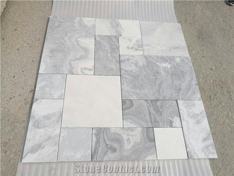 China Cloud Grey Marble Sandblast Surface Paver Tiles Slabs French Pattern Beveling Edges