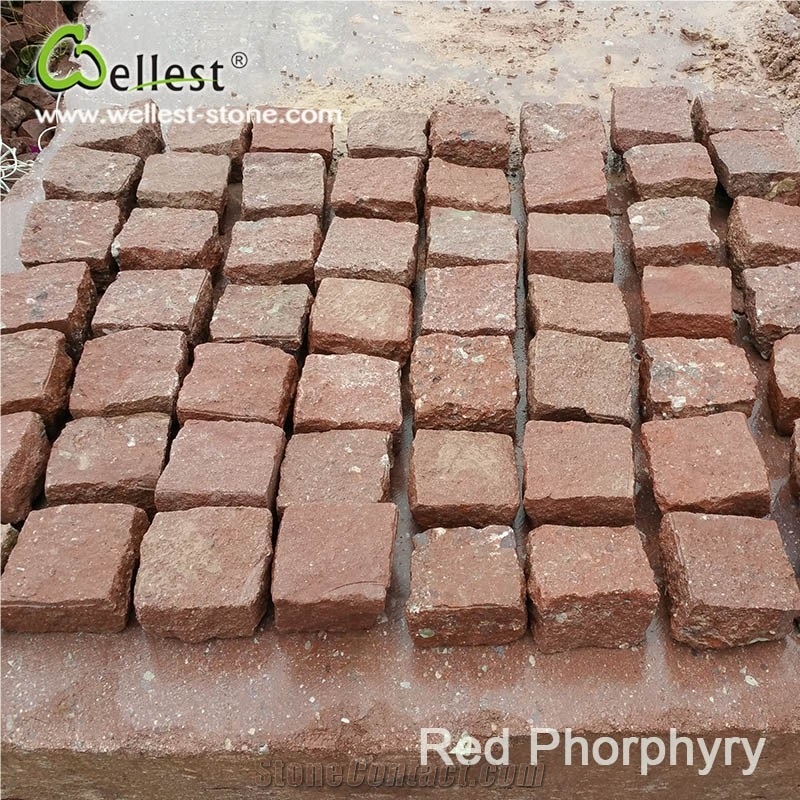 All Side Natural Split Red Porphyry Paving Cube Cobble Setts for Drawway