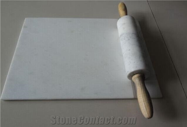 White Marble Stone Rolling Pin with Wooden Handle Stand & Marble Cutting Pastry Board