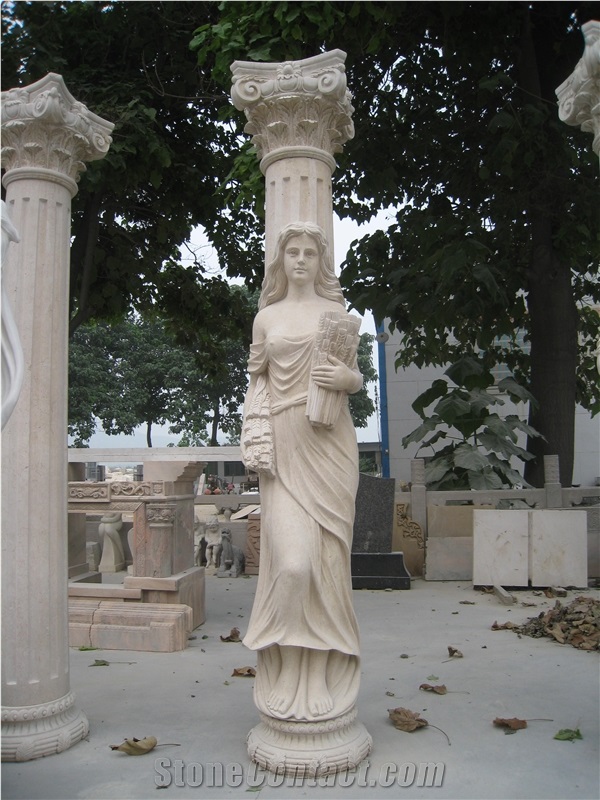 Beige Marble Column with Statue Sculpture