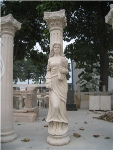 Beige Marble Column with Statue Sculpture