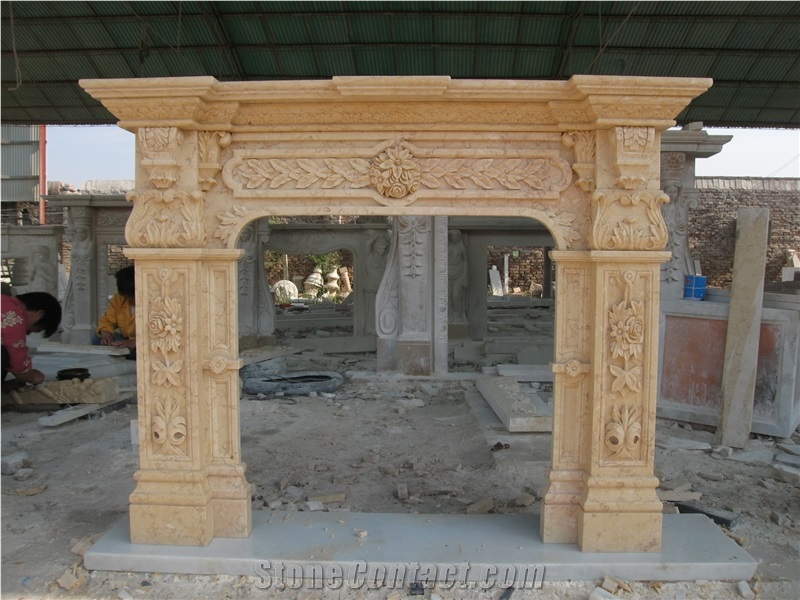 Hand Carved Beige Marble Fireplace Mantel Surround