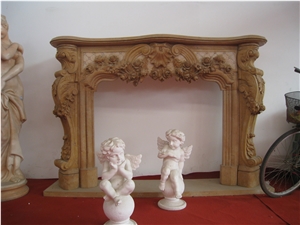 Hand Carved Yellow Marble Fireplace Mantel with Flower Carving