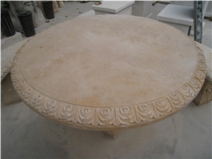 Hand Carved Yellow Marble Table & Bench