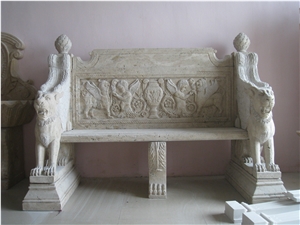 Natural Stone Beige Travertine Bench with Sculpture