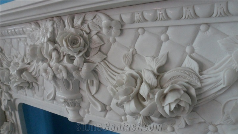 Pure White Marble Fireplace Mantel Surround with Sculpture Flower