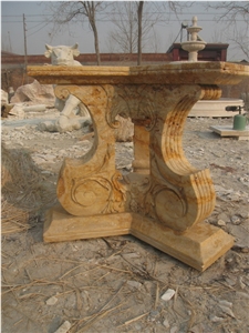 Travertine Table with Hand Carved Sculpture